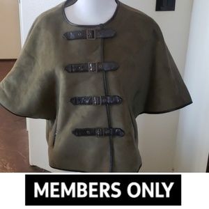 Members Only Khaki jacket, black leather closures